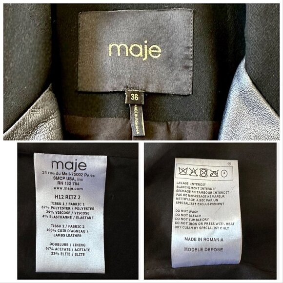 Maje Ritz Black Blazer with Lamb Leather Trim, Size 36FR - Picture 12 of 14